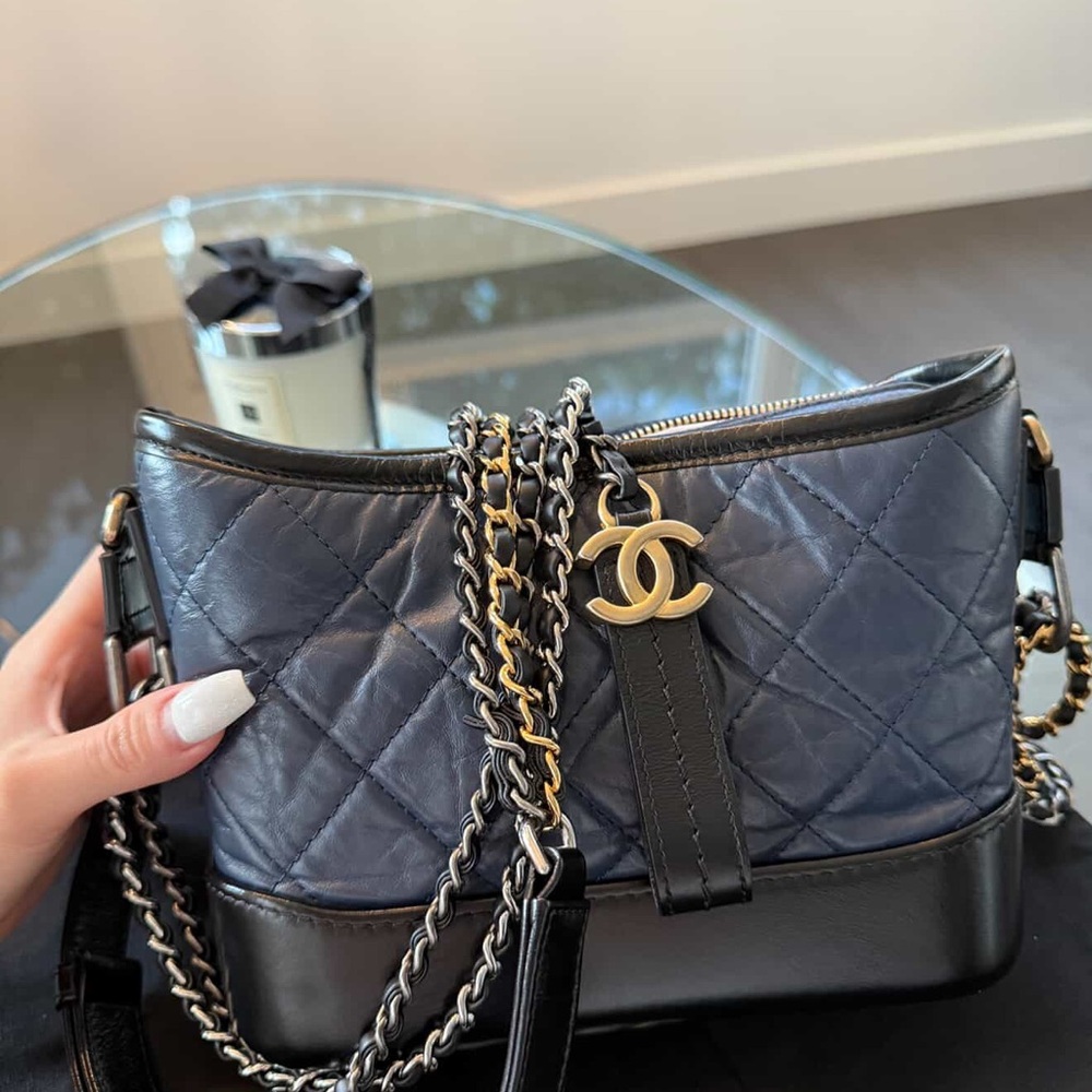 Chanel Small Gabrielle Quilted Blue and Black Leather Bag